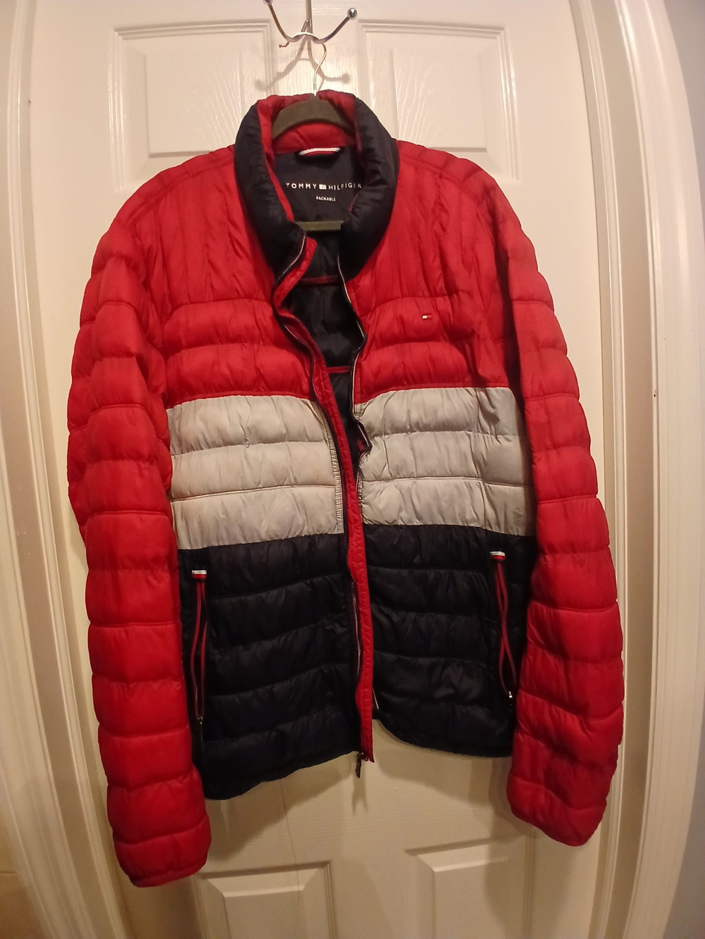 Tommy Hilfiger Red, White, and Navy Quilted Puffer Jacket